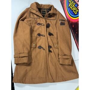 COOGI Wool Blend Toggle Duffle Coat Camel Brown Faux Fur Hood Womens Large 2012